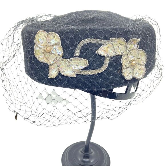 Pillbox Classic Hat Vintage 1950s Shagfelt Womens Black Felted Fur Fitted Retro - Picture 1 of 16